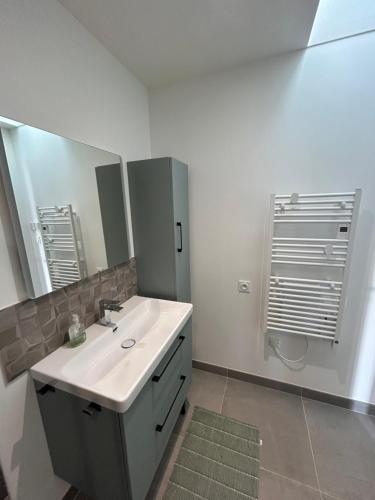 a bathroom with a white sink and a mirror at Chez Céline et Frédéric T2 45m carré neuf in Rochefort