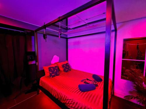 Habitación con cama con luces rosas. en L'antre du desir love room, en Souppes-sur-Loing