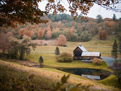 a barn in the middle of a field with a pond at Berry's Farm in Vosburg