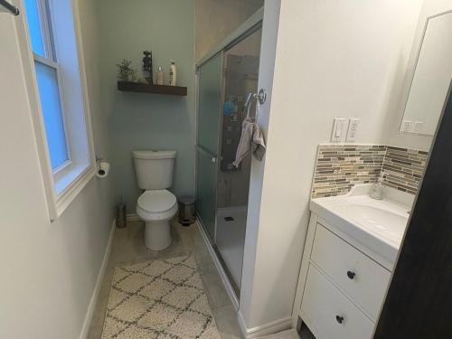 a bathroom with a shower and a toilet and a sink at Classic Colonial House facing Niagara Falls in Niagara Falls
