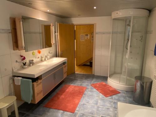 une salle de bain avec une douche, un lavabo et une baignoire dans l'établissement Duplex Loft Apartment, à Evilard