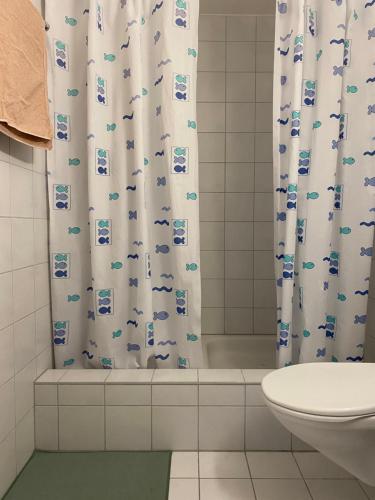 a bathroom with a shower curtain and a toilet at Stylish Room and private bathroom in lakefront apartment in Zug