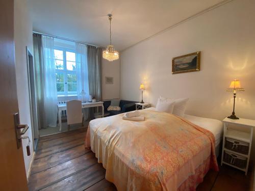 a bedroom with a bed and a desk and a window at Wasserburg Turow in Glewitz