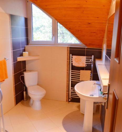 a bathroom with a toilet and a sink at Ubytovanie michaela in Bešeňová