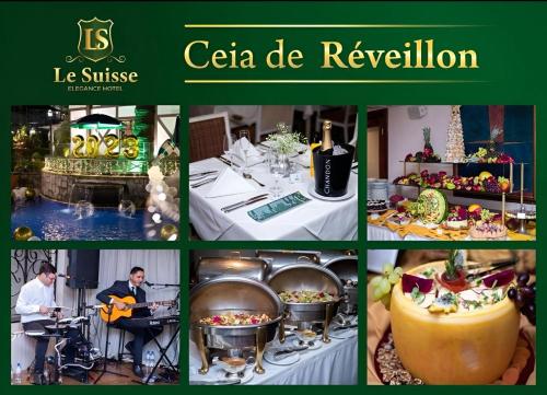 a collage of pictures of food and people in a restaurant at Le Suisse Elegance Hotel in Campos do Jordão