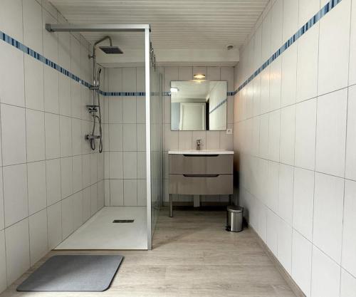 a bathroom with a sink and a mirror at Gliget in Lourdios-Ichère
