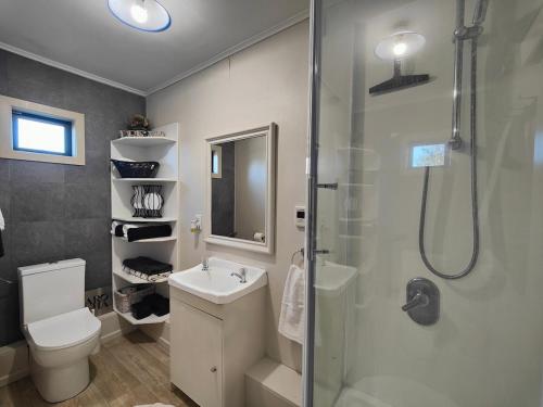 a bathroom with a shower and a toilet and a sink at Korimako Sea View Sanctuary in Riverton