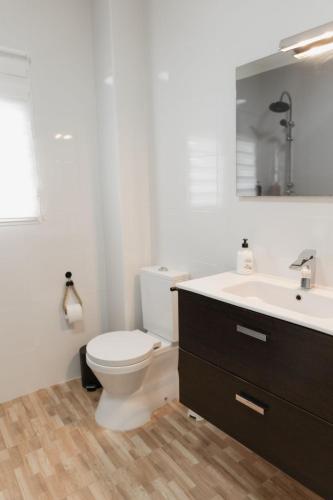 a white bathroom with a toilet and a sink at Casa de dos plantas ,Las niñas in La Algaba