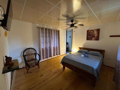 a bedroom with a bed and a ceiling fan at Hostal La India in Valle de Anton