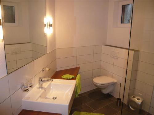 a bathroom with a sink and a toilet at Chasa Vidos 270 - Familie Scandella in Sent