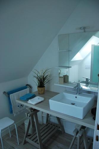 a bathroom with a white sink and a mirror at Au Detour de Rennes in Bruz