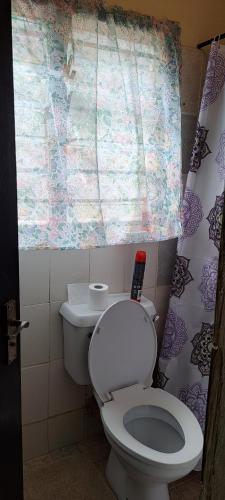 a bathroom with a white toilet and a window at Diani's Little Gem in Ukunda