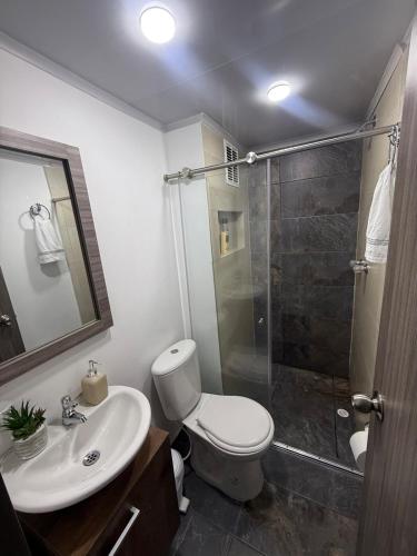 a bathroom with a toilet and a sink and a shower at Simplemente en Casa! in Manizales