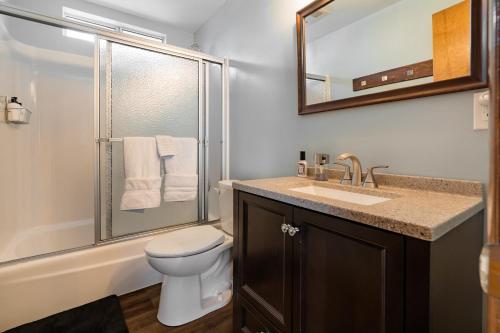 a bathroom with a toilet and a sink and a shower at Hidden Pines Cabin - Nearby Snow & Play in Big Bear City Airport