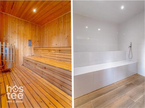 two pictures of a sauna with wood paneling at R211 Loft with large balcony, infinity pool and spa in Estación El Salto