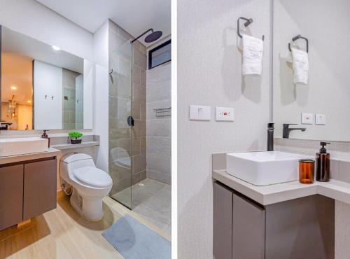 2 fotos de un baño con lavabo y aseo en R211 Loft with large balcony, infinity pool and spa, en Estación El Salto