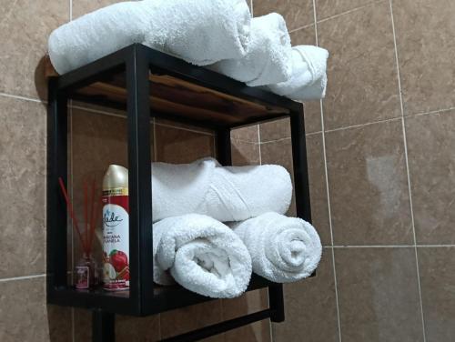 a bunch of towels on a shelf in a bathroom at Casa Jardín Los Potreros in San Juan Teotihuacán