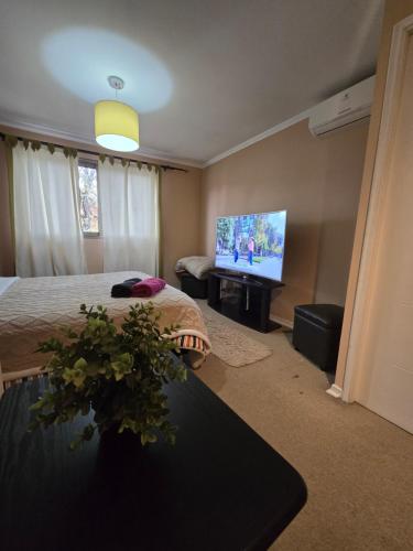 une chambre avec un lit et une télévision à écran plat dans l'établissement MACHALI HABITACION PRIVADA PARCKING y WIFI, à Machalí