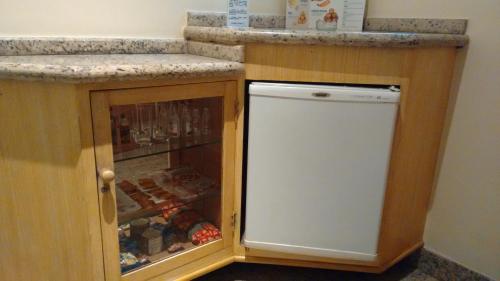 a kitchen with a refrigerator and a counter top at Magnus Norte Hotel (Adult Only) in Rio de Janeiro