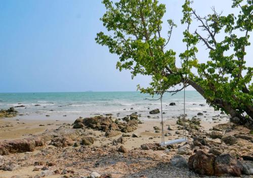 a beach with a tree and rocks and the ocean at Beach Penthouse - 3 BR, Jacuzzi, Marriott pool access in Ban Ko Kok