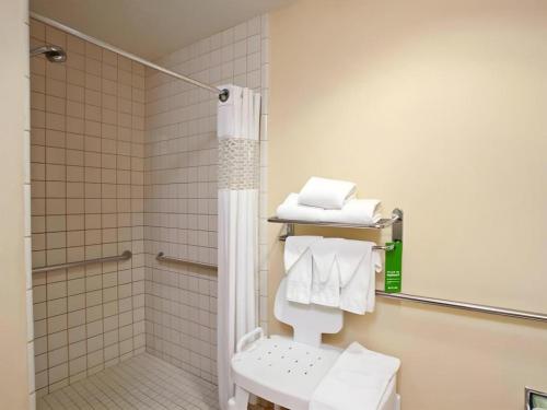 a bathroom with a shower and a toilet and towels at Flagstaff Hotel in Flagstaff