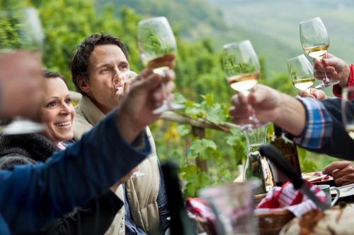 a group of people sitting around a table drinking wine at Claes Weinquartier - Appartements & Wein by Niko Schmitt in Trittenheim