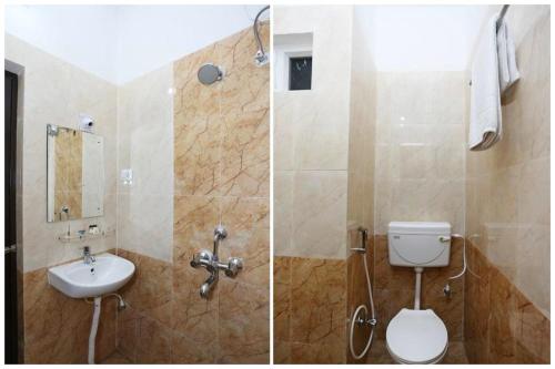Dos imágenes de un baño con inodoro y lavabo. en HOTEL TRIPLE -TREE Near Railway Station - Fully Air Conditioning- Best In Bhubneshwar Hotel, en Cuttack