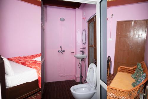チトワンにあるHotel Sauraha Gaida Houseのトイレと洗面台を備えたピンク色の部屋のあるバスルーム