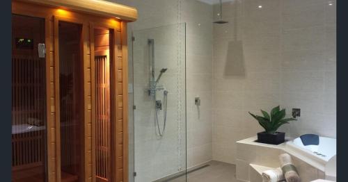 a bathroom with a shower and a sink at Coorong GateAway POOL - SPA - SAUNA in Hindmarsh Island