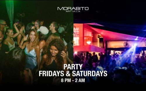 a party flyer with a group of people at a party at Morabito Art Villa in Canggu