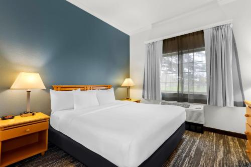 a hotel room with a large bed and a window at Clarion Suites Anchorage Downtown in Anchorage
