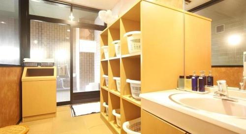 baño con lavabo y encimera con espejo en Kamisuwa Station Hotel, en Suwa