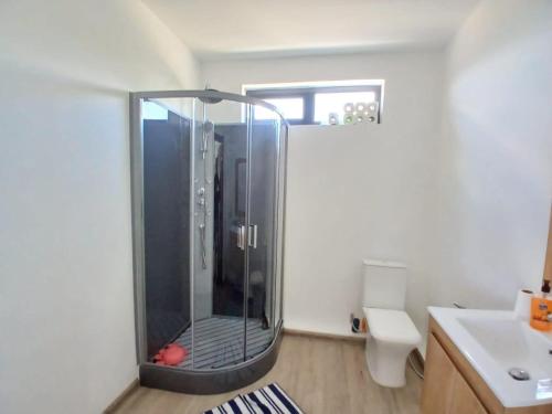 una ducha con mampara de cristal en un baño en Villa Esperenza-3 bedrooms, en Flic en Flac