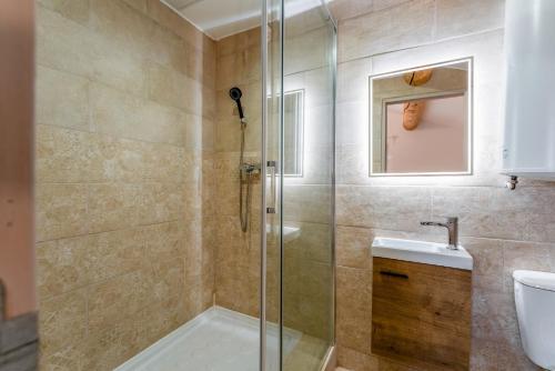 a bathroom with a shower and a toilet and a sink at Canto Cigalo Duplex 12 in Robion en Luberon