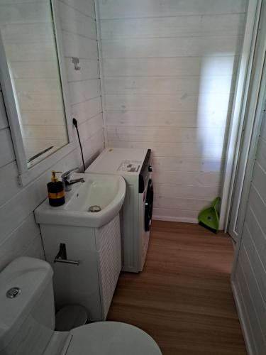 a small bathroom with a toilet and a sink at Eco Wooden Olympic view Village in Leptokaria