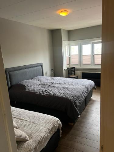 a bedroom with two beds and two windows at Provence Driehuis Apartment in Driehuis