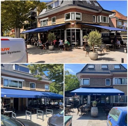 Cuatro imágenes diferentes de un restaurante con sombrillas azules. en Provence Driehuis Apartment, en Driehuis