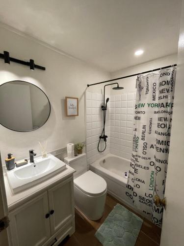 a bathroom with a sink and a toilet and a mirror at A Pet Friendly Subic Bay Vacation Home in Olongapo