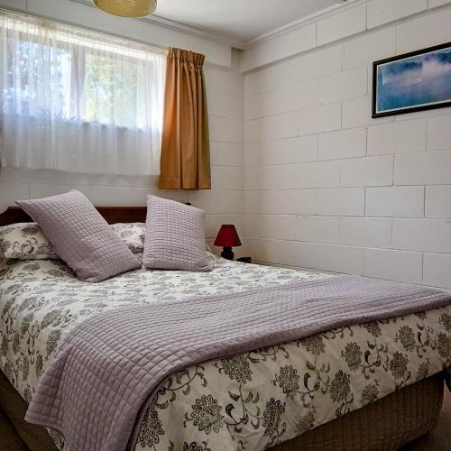 a bedroom with a bed with pillows and a window at Park View 'Home Away From Home' in Feilding