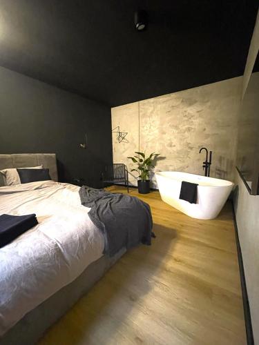 a bedroom with a bed and a bath tub at Apartament Imperial Przedmieście in Grudziądz