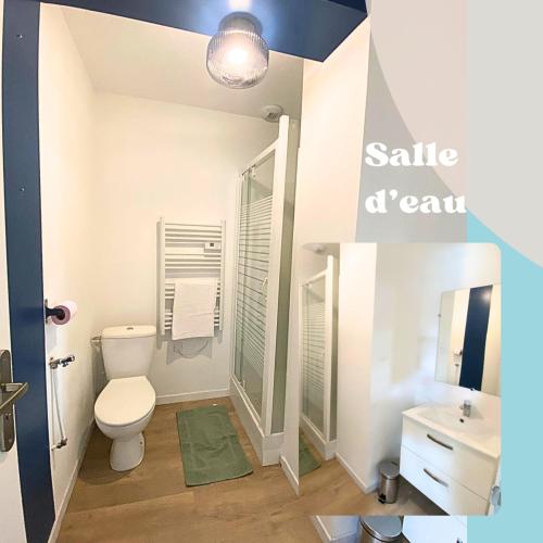 a white bathroom with a toilet and a sink at Rive Lumière near canal and city center in Montargis