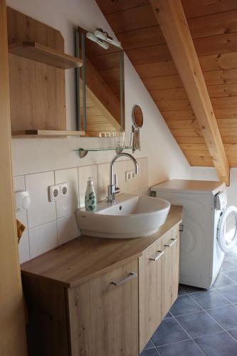a bathroom with a sink and a washing machine at Ferienwohnung Wühn in Teisendorf