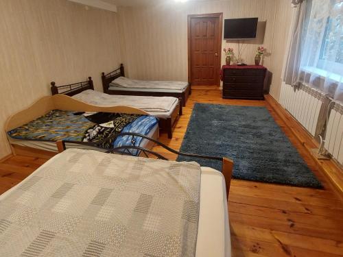 a room with three beds and a television in it at Aido ir Jovitos sodyba Jorunas in Kernavė