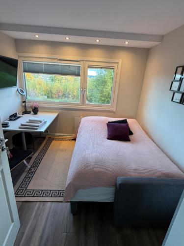 Un dormitorio con una cama y un escritorio y una ventana. en 2 rooms in 100 sqm apt, en Oslo
