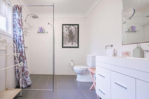 a bathroom with a toilet and a glass shower at Bluebird Cottage in West Tamworth
