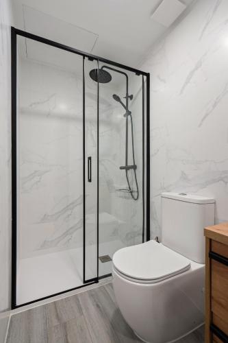 a bathroom with a shower and a toilet at Dobo Pinto Castillo in Pinto