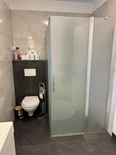 ブラウナウ・アム・インにあるModerne Wohnung Bahnhof näheのシャワーとトイレ付きのバスルーム