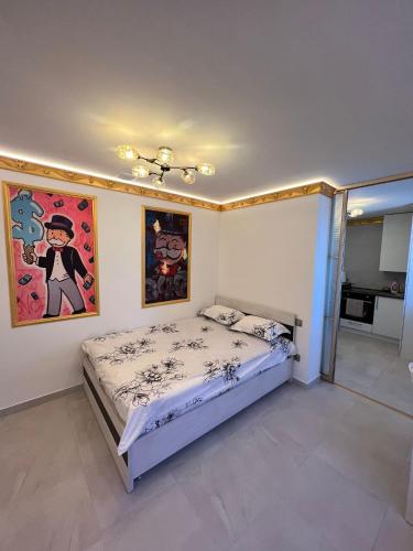 a bedroom with a bed and paintings on the wall at Central Park View in Chişinău