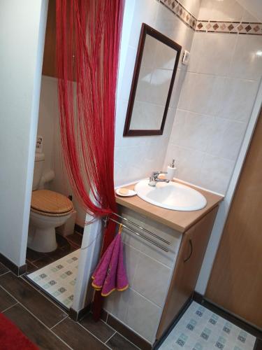 a bathroom with a sink and a red shower curtain at Chez Mayayoya 