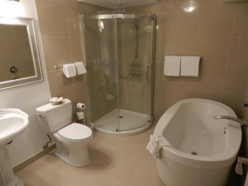 a bathroom with a shower and a toilet and a sink at Arbutus Inn in Victoria